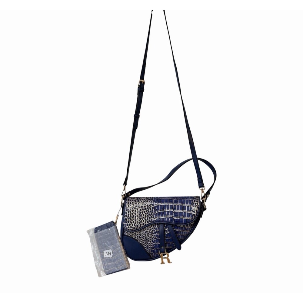 Blue Croc Embossed Saddle Crossbody Bag Gold Hardware Card Holder NWOT